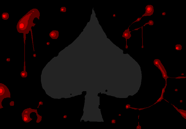 Totally awesome art of a dark grey spade with blood splatters surrounding it against a black background. It's literally the coolest thing.